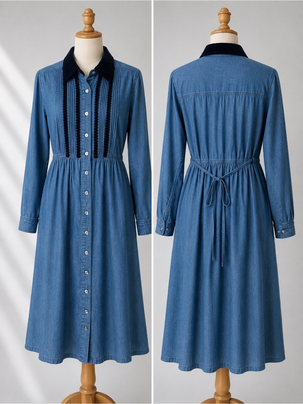 Vtg 90s Erika Classics denim midi dark velvet collar + trim detailing Sz M 🟩